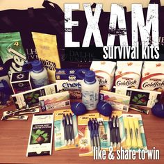 an exam survival kit sits on a table with pens, markers and other school supplies