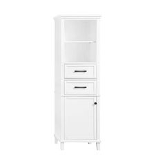 a tall white cabinet with two drawers