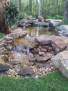 a small pond surrounded by rocks and grass