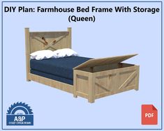 an image of a bed frame with storage compartment for queen size mattress and pillow set