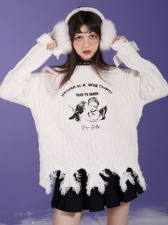 ❤Sweet Cool Milk White Angel Print Damaged Knit❤ White Soft Knit Winter Sweater, White Knitted Winter Sweater, Winter Cream Cotton Knit Top, Off White Knitted Sweater For Winter, Off-white Knitted Winter Sweater, Off White Knitted Winter Sweater, White Knitted Winter Tops, White Knitted Tops For Winter, White Crew Neck Knit Top For Fall