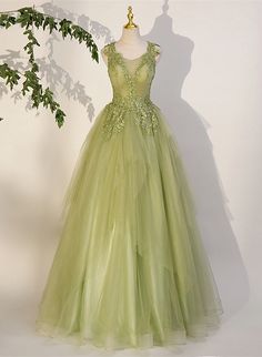 Light Green A-line Tulle with Lace Applique Prom Dress Outfits For Girls Green A-line Gown For Spring, Green A-line Wedding Dress, Green A-line Gown With Fitted Bodice, Green A-line Silhouette Dress, Sleeveless Green Dresses With Sweep Train, Sleeveless Green Dress With Sweep Train, Green Sleeveless Dress With Sweep Train, Green A-line Prom Season Dress, Green A-line Dress For Prom Season