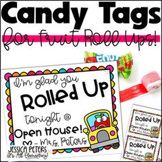 candy tags with the words rolled up and an image of a school bus on it