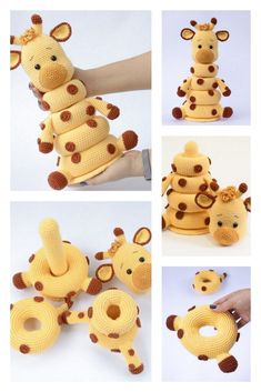 several pictures of stuffed animals made to look like giraffes