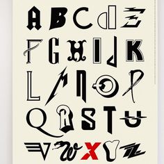 a poster with different types of letters and numbers in black, red, and white