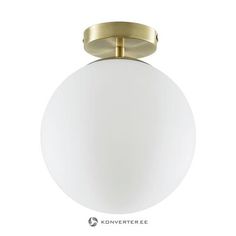 a white and gold ceiling light with a round glass shade on the top, against a white background