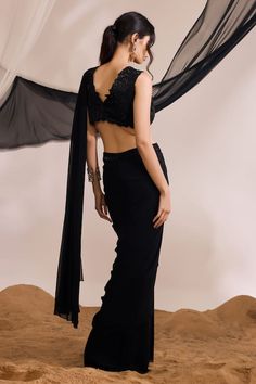 Black pre-draped ruffle saree with embellished waistband. Comes with floral embellished blouse. - Aza Fashions Georgette Floor-length Pre-draped Saree For Gala, Floor-length Georgette Pre-draped Saree For Gala, Fitted Saree For Gala With Traditional Drape, Evening Blouse With Cape Sleeves In Georgette, Evening Georgette Blouse With Cape Sleeves, Fitted Elegant Saree For Gala, Georgette Pre-draped Saree For Gala, Elegant Pre-draped Saree With Cape Sleeves In Georgette, Sleeveless Georgette Pre-draped Saree For Party