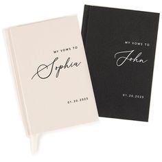 two black and white wedding guest books, one with the word my vows to joshua written on it