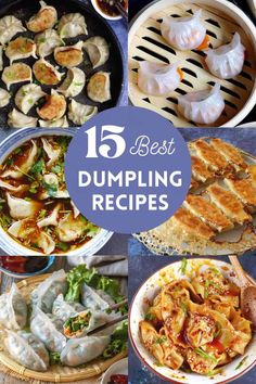 different types of dumplings in bowls with text overlay that reads 15 best dumpling recipes