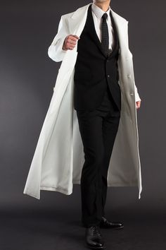 White Trench Coat Outfit Men, Formal Gabardine Outerwear With Notch Lapel, Formal Single Breasted Wool Coat With Stand Collar, Formal Single-breasted Wool Coat With Stand Collar, Classic White Wool Coat For Formal Occasions, White Long Wool Coat For Formal Occasions, Formal Single Breasted Pea Coat With Stand Collar, Formal Single-breasted Gabardine Outerwear, Single-breasted Long Business Pea Coat