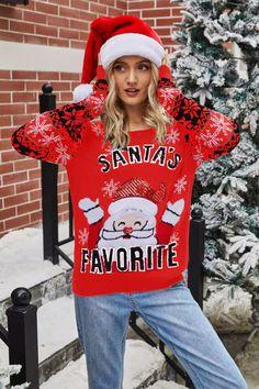 Christmas SANTA'S FAVORITE Round Neck Sweater – the GRATI shop Santa Sweater, Party Kleidung, Style Party, Style Upgrade, Christmas Print