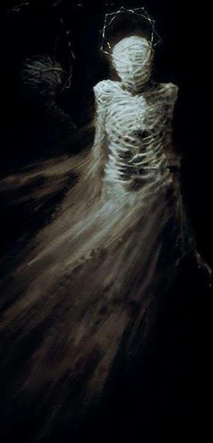 a painting of a person walking in the dark with light coming from their head and arms