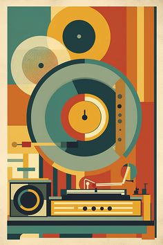 a poster with an old record player in front of some circles and dots on it