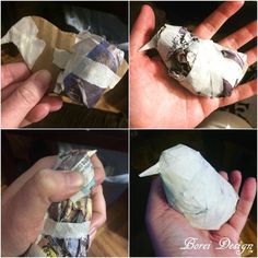 four different pictures show the process of making an origami bird out of toilet paper