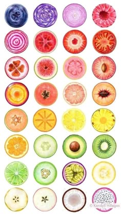 an assortment of different fruits and vegetables painted in watercolor on white paper, each with their own unique color scheme