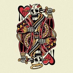 a drawing of a skeleton playing cards with hearts on the back and two hands in the middle