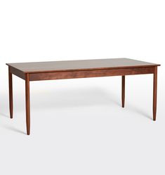 a wooden table with two legs and a rectangular top, on a white background the table is made out of wood