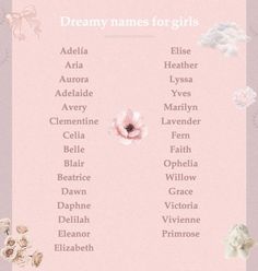 a pink poster with flowers and names for girls