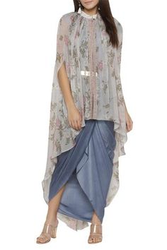 Shop for Soup by Sougat Paul Blue Flat Chiffon Draped Dress With Cape for Women Online at Aza Fashions Long Cape Dress Indian, Dhoti Pattern, Cape Dress Indian, Dhoti Kurti, Chiffon Drape Dress, Indowestern Dress, Simple Kurtis, Trending Clothes, Cape For Women