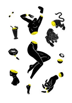 the silhouettes of people are depicted in black and yellow colors, including one woman