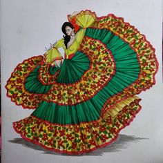 a drawing of a woman in a green and yellow dress with red trimmings