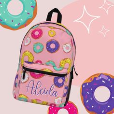 Ballet bag personalized| Donut backpack | Pink donut backpack for girls | donut backpack personalized | pink donut backpack | Personalized gift | backpack for girls Have you got room for all that? With our roomy and durable backpack, you will! This bag is made from spun polyester and weights 1.3 lbs, just enough to be light, strong and long-lasting. Grab it, stow it, throw it onto the seat next to you, this backpack can take it, and so will you, wherever you go! .: 100% polyester .: Lightweight Pink Backpack For End Of School Year Gift, Pink Backpack Gift For End Of School Year, Customizable Pink Backpack For Students, Customizable Pink Backpack For School Events, Personalized Pink Everyday Backpack, Personalized Pink Backpack For Back To School, Personalized Pink Standard Backpack, Gift Backpack, Pink Donut