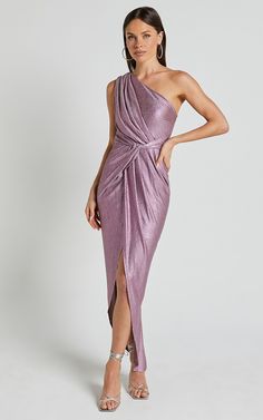 Davie Midi Dress - Metallic One Shoulder Front Wrap Dress in Soft Pink Metallic Wedding Guest Dress, Pink One Shoulder Dress For Evening And Prom Season, Pink One Shoulder Dress For Prom Season, Elegant Pink One Shoulder Dress For Prom Season, Pink Formal One Shoulder Dress For Prom, Elegant Pink One-shoulder Dress For Prom, Glamorous Pink One-shoulder Evening Dress, Elegant Pink One-shoulder Prom Dress, Elegant Pink One Shoulder Prom Dress