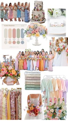 the bride and her bridal party are all dressed in pastel colors