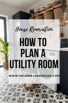 a kitchen with black cabinets and white tile flooring that says house renovation how to plan a utility room