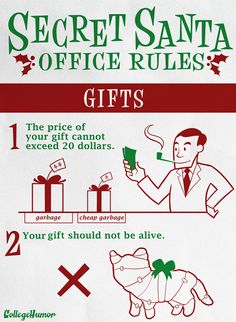 the secret santa office rules poster shows how to get gifts for christmas and new year's eve