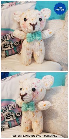 two pictures of a teddy bear made out of crochet and knitted yarn