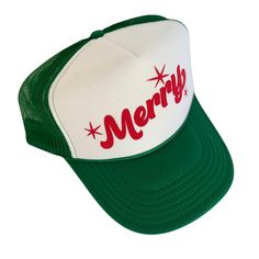 Merry Trucker Hat Spreading the Holiday Cheer! This his or hers trucker is part of our Holiday Collection. Cute and perfect for all your Holiday events. So light, medium profile and a perfect addition to your growing hat collection. 5 Panel Foam Mesh Back Trucker, Pro Style Adult Sizing 100% Poly Foam Front, 100% Nylon Back Retro Snapback Trucker Hat, Casual White Christmas Hat, Casual Christmas Cap, Retro Green Trucker Hat With Curved Brim, Casual Trucker Hat With Flat Brim As Gift, Casual Red Trucker Hat For Gift, Retro Green Trucker Hat, Trucker Hat With Flat Brim As Gift, Flat Brim Trucker Hat For Gifts