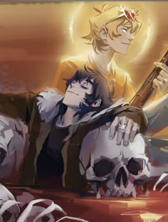 two anime characters sitting next to each other with skulls on the ground in front of them