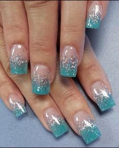 Matte Make Up, Aqua Nails, Teal Nails, Turquoise Nails, Valentine Nails, Mermaid Nails, French Nail, Nail Designs Glitter, Silver Nails