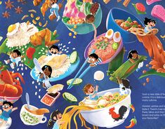 an illustrated book with many different foods and people in it, including rice, meats,