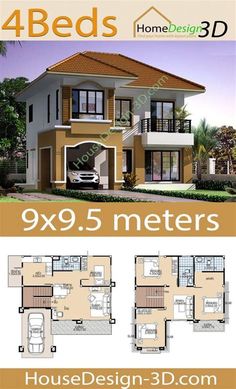 four bedroom house plan with floor plans and measurements for each room in the home design 3d