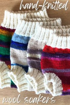 Multicoloured striped knitted wool nappy soakers with cream waistbands and cuffs Wool Diaper Cover, Fiber Crafts, Cloth Diapering, Baby Inspiration, Cloth Nappies, Quick Knits, Car Gifts, Diaper Cover