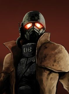 a man wearing a gas mask with red eyes