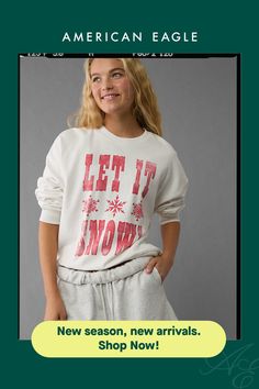 Super soft fleece/Crew neck/Holiday graphics/Ribbed cuffs & hem Holiday Graphics, Santa Sweatshirt, Graphic Tops, Women's Jeans, American Eagle Outfitters, American Eagle, Crew Neck Sweatshirt, Women Jeans, Shop Now