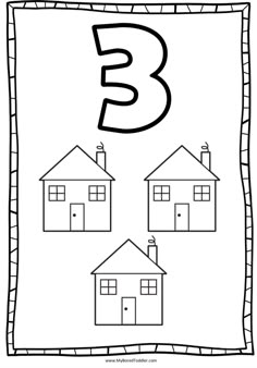 the letter b is for house coloring page with three houses and one number on it