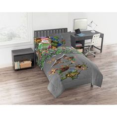 the teenage mutant bedding set is in grey and features tmnt characters on it