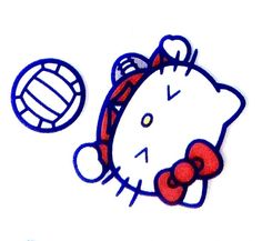 a drawing of a hello kitty with a volleyball ball in the air and her head tilted to the side