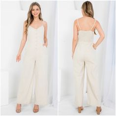 Biege Jumpsuit Down Front With Side Pocket Ruchec Back Square Leg Jumpsuit Fabric Content: 55% Linen 45% Rayon Size Scale: S-M-L C210 Cream Jumpsuits And Rompers With Pockets For Summer, Neutral Summer Jumpsuits And Rompers With Pockets, Summer Neutral Jumpsuits And Rompers With Pockets, Summer Neutral-colored Jumpsuits And Rompers With Pockets, Cream Sleeveless Jumpsuit For Day Out, Sleeveless Cream Jumpsuit For Day Out, Chic Cream Jumpsuits And Rompers With Pockets, Summer Cream Overall Jumpsuits And Rompers, Black Floral Jumpsuit