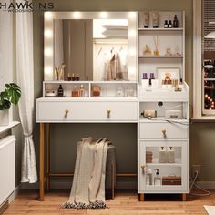 a white vanity with lights on it in a room