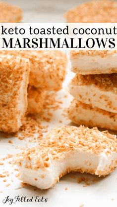 keto toasted coconut marshmallows stacked on top of each other with text overlay