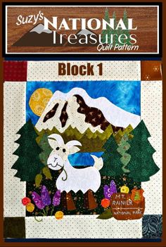 the national treasures quilt pattern block 1 is shown in front of a mountain and forest scene