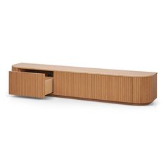 the sideboard is made from wood and has two drawers on one side, with an open