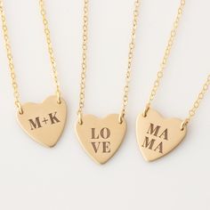 "Personalize this beautiful heart with initials, dates or word of your choice. Offered in quality 14k gold fill or sterling silver, a beautiful piece your wife, mom, grandma, best friend, any special woman in your life will enjoy and wear close to their heart. HOW - TO - ORDER 1. Select your options from the drop down menu see photo for font styles and symbol options 2. Chain length options are 16\", 18\", 20\" & 22\". For additional chain lengths a ½\", 1\", 2\" or 3\" extender chain can be pur Customizable Gold Heart Necklace For Mother's Day, Gold Heart Necklace With Name For Mom, Personalized Gold Heart Necklace For Mother's Day, Initials Jewelry For Anniversary And Mother's Day Gift, Initials Jewelry For Anniversary Gift On Mother's Day, Mother's Day Gold Heart Necklace Personalized Gift, Gold Custom Name Heart Necklace For Mother's Day, Gold Initial Pendant Necklace For Mom, Custom Name Gold Heart Necklace