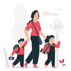 a woman and two children are walking down the street with backpacks on their backs