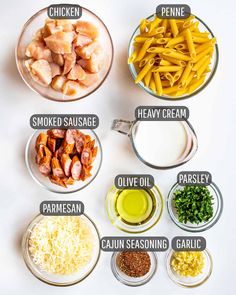 the ingredients to make chicken parmesan pasta in bowls